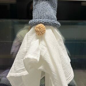 Handmade Knit Gnome Towel Holder in Blue and White
